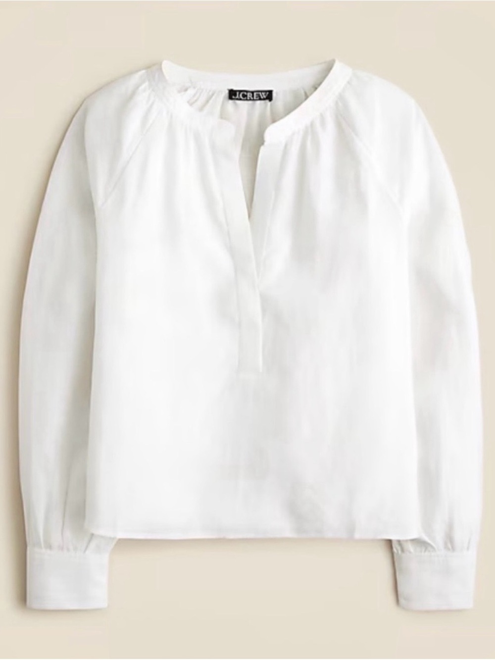 J. Crew Womens Linen Cabana Top White Split-Neck Long-Sleeve Blouse L Coastal